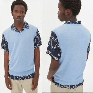 Loro Piana Sleeveless Wool Blend V-Neck Pullover Vest Light Blue Mens Size Large
